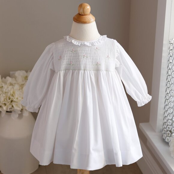 White Smocked Long Sleeve Dress Hand Embroidery Boutique LIKE NEW - Picture 1 of 4